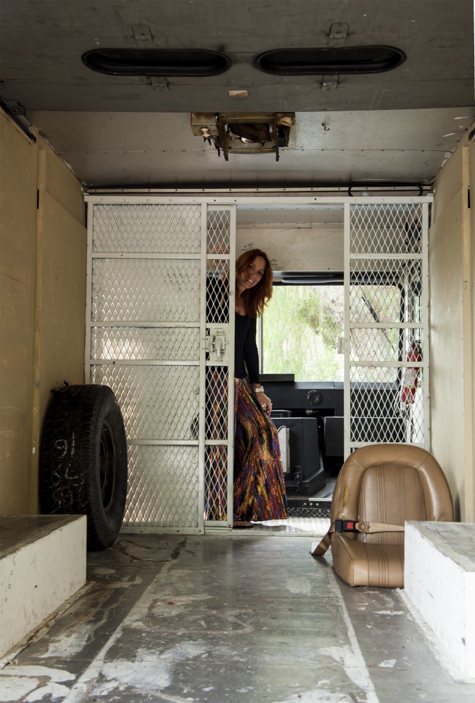 Empty and ready for remodeling, Brigette Lessard shares plans of, purple shag carpet, hanging chandelier, and fold up dressing rooms for her new business, Bloomsbury Road. The big blue vehicle will be transformed into a traveling boutique. Woodland Hills, Calif. Photos: Lynn Levitt