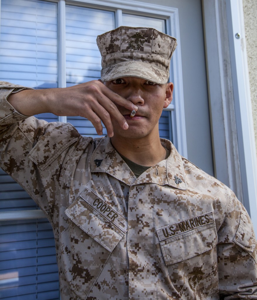 While spending a three year stint, former United States Marine, Brian Cooper, became a chain smoker.  Cooper acclimates to Pierce college no smoking rules. Photo: Lynn Levitt