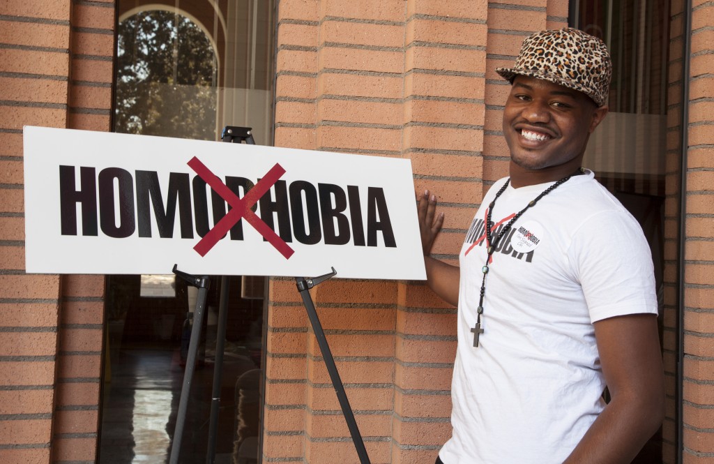 Javon Tae Wilson is a HIV Tester who's message is 'no on Homophobia'. Wilson is one of many who participated in the Models of Pride event held at the University of California, Los Angeles, Calif., Oct 19, 2013. Photo: Lynn Levitt