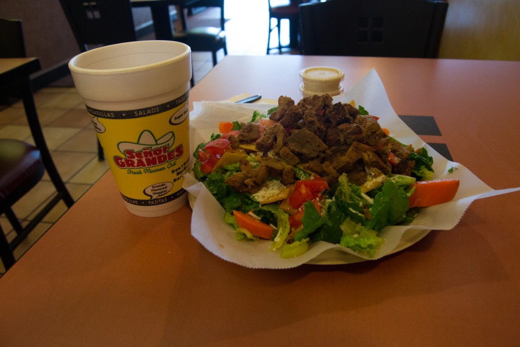 A steak ceasar salad with a small drink at Señor Grandes Fresh Mexican Grill in Woodland Hills, Calif. on Sept. 24, 2015. Photo: Marc Dionne