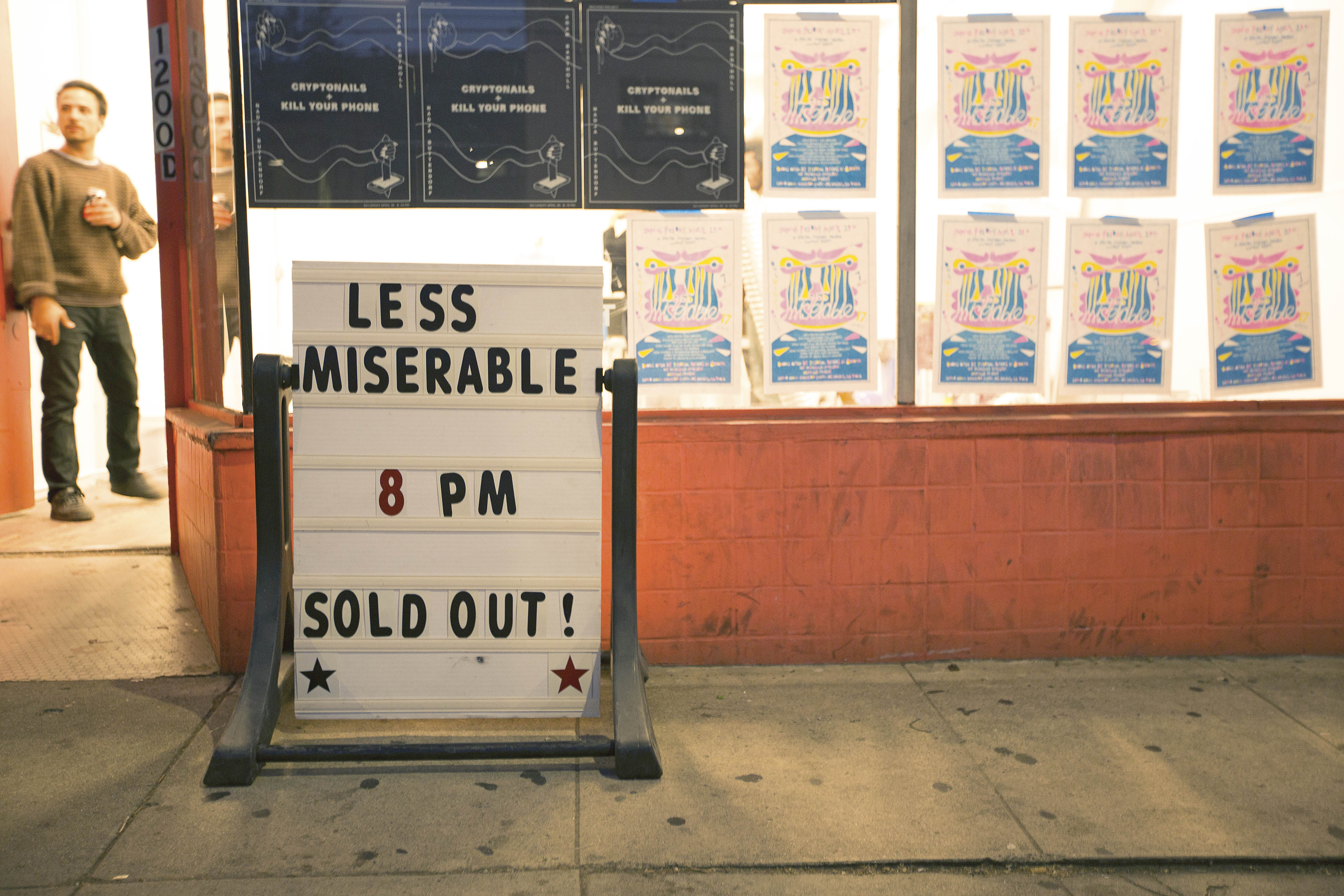 The marquee displays the comedy event Less Miserable that took place at the Machine Project shop in Echo Park, Calif. on April 29, 2016.(photo by Joshua Duarte)